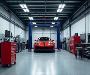 Umibe Studioワークショップのクリーンで整理されたインテリア、リフトに車がある様子